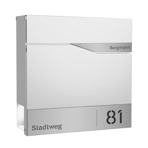 Forgard Briefkasten Weiß mit Zeitungsfach (RAL 9016), personalisiert, Postkasten modern aus Zinkstahl mit Familienname, Straße & Hausnummer inkl. Montageset, TRELLEBORG von FORGARD