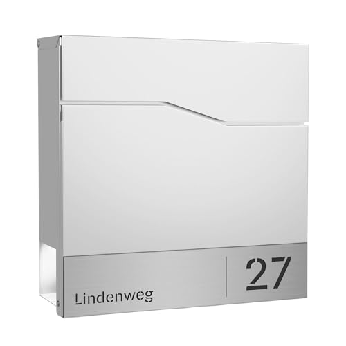 Forgard Briefkasten Weiß mit Zeitungsfach (RAL 9016), personalisiert, Postkasten modern aus Zinkstahl mit Straßenname + Hausnummer inkl. Montageset, TRELLEBORG von FORGARD
