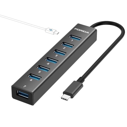 8 Ports USB-C zu USB Hub, USB Splitter mit 7 USB 3.0 Datenübertragungsanschlüssen und 5V/3A PD-Eingang für USB Adapter Aluminiumlegierung Shell Extender für Laptop kompatibel mit Mehr Typ-C-Gerät von FORIDA