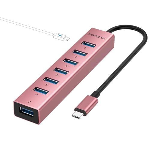 USB-C zu USB Hub, 8 In1 USB Splitter mit 7 USB 3.0 Datenübertragungsanschlüssen und 5V/3A PD-Eingang für USB Adapter Aluminiumlegierung Shell Extender für Laptop kompatibel mit Mehr Typ-C-Gerät von FORIDA