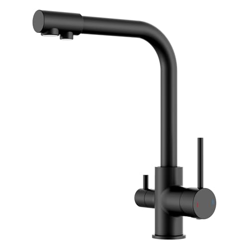 FORIOUS Wasserhahn Küche Schwarz, 3 Wege Wasserhahn Mischbatterie Küche, Zweigriffige Spülarmaturen mit Trinkwasserauslauf und 360°Schwenkbarkeit von FORIOUS