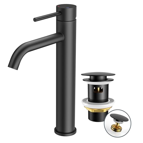 FORIOUS Wasserhahn Bad mit Ablaufgarnitur, Waschtischarmatur Hoch Waschbecken Armaturen in Schwarz mit Auslaufhöhe 190 MM High,Einhebelmischer Mischbatterie für Waschbecken Waschtisch Badezimmer WC FORIOUS Wasserhahn Bad mit Ablaufgarnitur, Waschtischarmatur Hoch Waschbecken Armaturen in Schwarz mit Auslaufhöhe 190 MM High,Einhebelmischer Mischbatterie für Waschbecken Waschtisch Badezimmer WC von FORIOUS