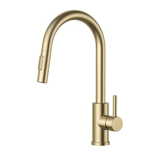 FORIOUS Wasserhahn Küche, Hoher Bogen Küchenarmatur mit Herausziehbarer Brause Ausziehbar Armatur, Mischbatterie Spültischarmatur Küche Küchenarmaturen, 360° Schwenkbar, Gebürstetes Gold von FORIOUS