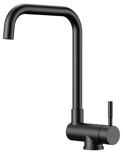 FORIOUS Wasserhahn Küche Schwarz, Küchenarmatur mit 360° Schwenkbar und Klappbar, L-förmiger Edelstahl Design，Einhebelmischer für Kalt und Warmwasser Mischbatterie Spültischarmatur küche von FORIOUS