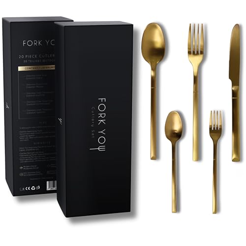 FORK YOU Besteckset Gold Matt (20-teilig) für 4 Personen – inkl. Kuchengabeln – Edelstahl 18/10, rostfrei & spülmaschinenfest, hochwertig verpackt, Geschenkidee von FORK YOU