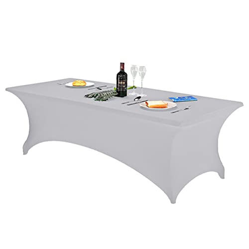 Spandex-Tischdecken, 2,4 m, taillierte Tischdecke für 2,4 m rechteckige Tische, Stretch-Terrassentischabdeckungen, universelle Spandex-Tischdecke für Hochzeit, Bankett, Party (2,4 m, Silber) von FORLIFE