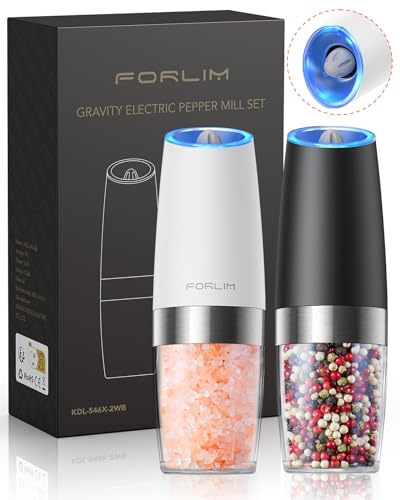 FORLIM 6 Oz Kapazität Elektrische Salz und Pfeffermühle Set, 4 AAA batteriebetriebene Ein-Hand-Automatik, Schwerkraft salzmühle, Einstellbare Grobheit, mit LED-Licht(Schwarz+Weiß) von FORLIM