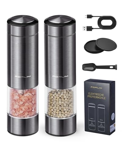 FORLIM Elektrische Pfeffer und Salzmühle Set, USB Wiederaufladbare Salz und Pfeffermühle Elektrische mit Verstellbarem Keramikmahlwerk, Salzmühle mit Led, 2er Set(Metallisch Gunmetal) von FORLIM