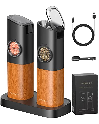 FORLIM Elektrische Salz und Pfeffermühle Set, mit USB Wiederaufladbarer Basis,Automatischer Salzmühle mit LED-Licht,mit Einstellbare Grobheit,aus Edelstahl,für Küche und BBQ,2er Pack(Woodgrain) von FORLIM