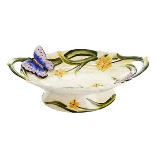 FORLONG Große Keramik-Obstschale mit Griff, 3D-Handbemalt, Schmetterlings- und Lilien-Design, Heimdekorationsteller von FORLONG