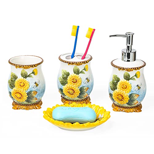 FORLONG Keramik Sonnenblume Badezimmer Zubehör Set, 4 Stück Badezimmer Ensemble Set mit Zahnbürstenhalter, Zahnputzbecher, Seifenspender, Seifenschale von FORLONG