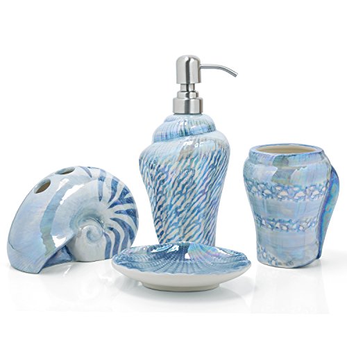 FORLONG Ocean Conch Sea Shell Keramik Badezimmer Zubehör Set mit 4,1 Gurgle Cups 1 Zahnbürstenhalter 1 Seifenschale 1 Seifenspender (blau) von FORLONG