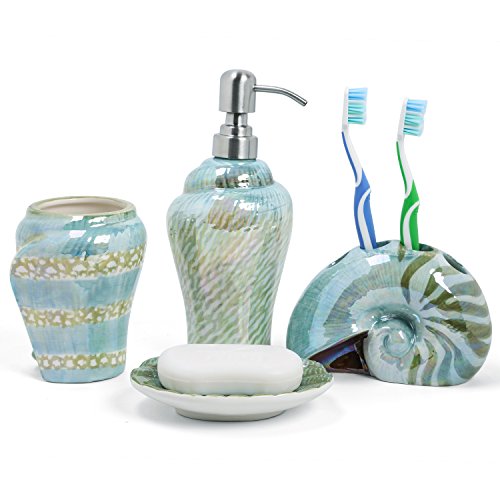 FORLONG Ocean Conch Sea Shell Keramik Badezimmer Zubehör Set mit 4,1 Gurgle Cups 1 Zahnbürstenhalter 1 Seifenschale 1 Seifenspender (grün) von FORLONG