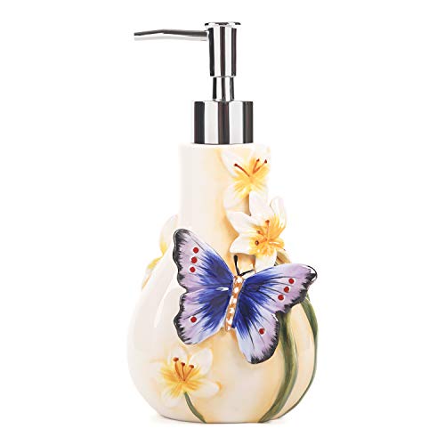FORLONG Seifenspender aus Keramik, 3D-Handbemalt, Schmetterling und Lilien, Blumen, Lotionspender, Badezimmerzubehör von FORLONG