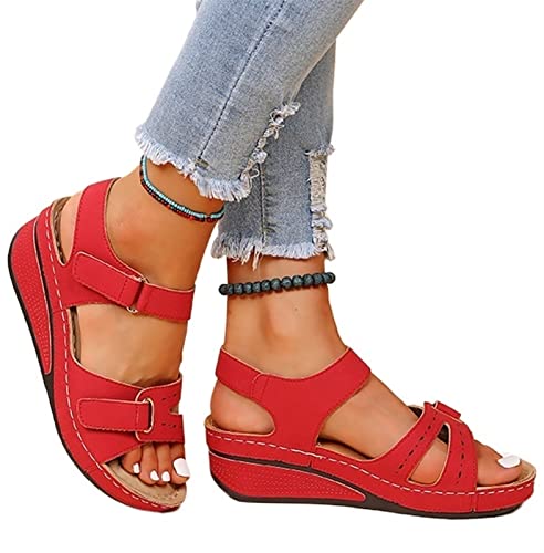 FORLUZ Damen Sandalen Heels Sommersandalen mit Keil Elegante Stöckelschuhe for Damen Plattform Leichte Keilschuhe (Color : Red, Size : 36 EU) von FORLUZ