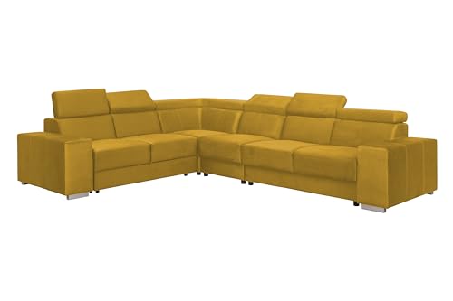 FORNIRO 24 Alma Ecksofa mit Schlaffunktion - Sofa mit 6 Sizten und Robustem Überzug - Schlafcouch L-Form Universal - Modern Couch - Schlafsofa bewegliche Kopfstützen - 330x265x85 cm - Gelb von HING HARBOR