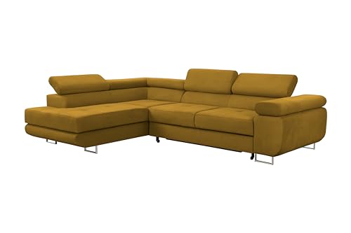 FORNIRO 24 Enzo Ecksofa mit Schlaffunktion und Bettkasten - Sofa mit 3 Sitzen - Schlafcouch L-Form mit bewegliche Kopfstützen - Modern Couch - 275x202x90 cm - Gelb Linke Seit von FORNIRO 24