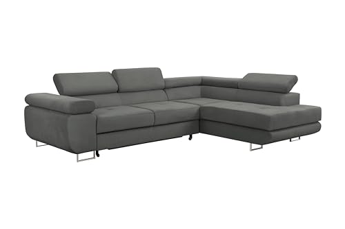 FORNIRO 24 Enzo Ecksofa mit Schlaffunktion und Bettkasten - Sofa mit 3 Sitzen - Schlafcouch L-Form mit bewegliche Kopfstützen - Modern Couch - 275x202x90 cm - Grau Rechte Seit von HING HARBOR