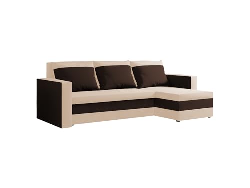 FORNIRO 24 Loft Ecksofa mit Schlaffunktion und Bettkasten - Sofa mit 3 Sitzen und Robustem Überzug - Universal Schlafcouch L-Form - Modern Couch - 225x130x75 cm - Creme-Braun von HING HARBOR