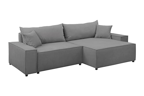 FORNIRO 24 Parma Ecksofa mit Schlaffunktion und Bettkasten - Sofa für 3 Personen mit Kissen - Schlafcouch L-Form Universal - Modern Couch - Stoff Basic - 250x150x70 cm - Dunkelgrau von FORNIRO 24