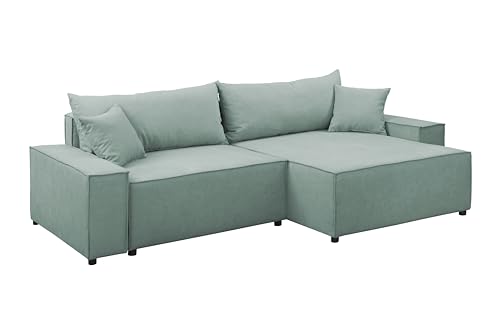 FORNIRO 24 Parma Ecksofa mit Schlaffunktion und Bettkasten - Sofa für 3 Personen mit Kissen - Schlafcouch L-Form Universal - Modern Couch - Stoff Basic - 250x150x70 cm - Minze von FORNIRO 24