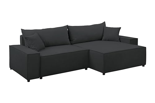 FORNIRO 24 Parma Ecksofa mit Schlaffunktion und Bettkasten - Sofa für 3 Personen mit Kissen - Schlafcouch L-Form Universal - Modern Couch - Stoff Basic - 250x150x70 cm - Schwarz von FORNIRO 24