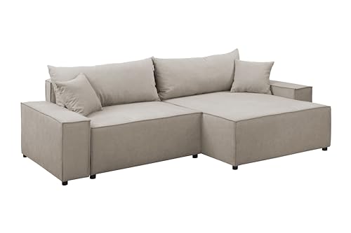 FORNIRO 24 Parma Ecksofa mit Schlaffunktion und Bettkasten - Sofa für 3 Personen mit Kissen - Schlafcouch L-Form Universal - Modern Couch - Stoff Komfort - 250x150x70 cm - Creme von FORNIRO 24