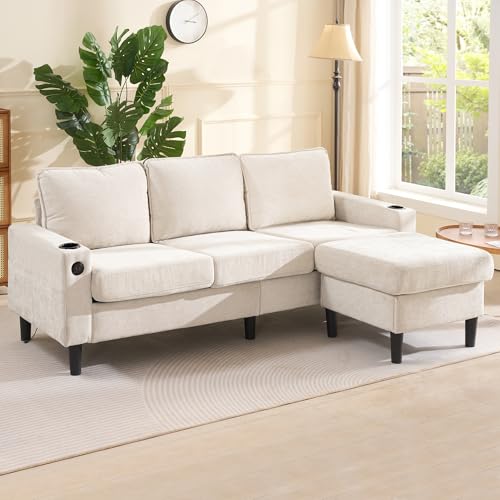 Eckcouch mit Schlaffunktion, 3-Sitzer Sofa mit Verlängerter Fußschemel, 202 cm L-Form Couch Wohnzimmer, 2 Getränkehaltern, USB- und Typ-C-Anschlüsse (Beige) von FORNORM