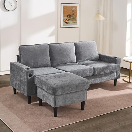 Eckcouch mit Schlaffunktion, 3-Sitzer Sofa mit Verlängerter Fußschemel, 202 cm L-Form Couch Wohnzimmer, 2 Getränkehaltern, USB- und Typ-C-Anschlüsse (Grau) von FORNORM