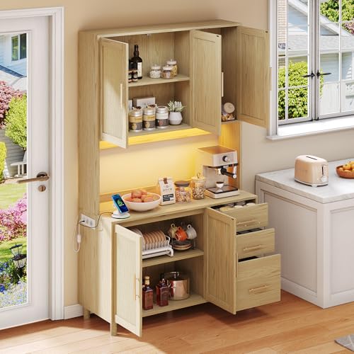 FORNORM 183cm Küchenschrank, Buffetschrank mit Arbeitsplatte, App-gesteuerte LED-Deko-Lichter, 3 Doppel-Schränke, 3 Schubladen, 2 x USB, ideal für Küchen und Esszimmer (Holzfarbe) von FORNORM