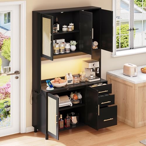 FORNORM 183cm Küchenschrank, Buffetschrank mit Arbeitsplatte, App-gesteuerte LED-Deko-Lichter, 3 Doppel-Schränke, 3 Schubladen, 2 x USB, ideal für Küchen und Esszimmer (Schwarz, 183 x 100 x 40 cm) von FORNORM