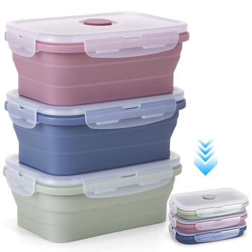 FORNORM 3 Stück Silikon Faltbare Schüssel, 550ml Faltbare Brotdose mit Deckel Bento Box Lunchbox, Faltschüssel Camping Frischhaltedosen Behälter für Mikrowelle und Kühlschrank, Rosa/Blau/Grün von FORNORM
