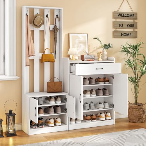 FORNORM Garderobe Weiß, Flurgarderobe mit 2 Schuhschrank, 1 Schublade, 7 Fächer Schuhregal, 4 Kleiderhaken, Kompaktgarderobe für Flur, 140,6 x 180 x 32 cm (B/H/T) von FORNORM
