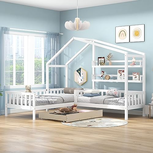 FORNORM Kinderbett 2 Kinder, 90x200cm Holzbetten Hausdach-Design mit Schubladen und Regalen, 90x200 cm Einzelbett mit 140x70cm Schlafsofa (Weiß) von FORNORM