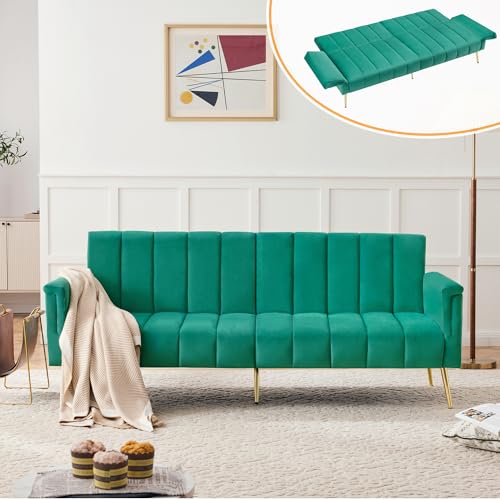 FORNORM Klappbares Schlafsofa mit Samtstoff 220x104 cm, 2 Sitzer Sofa Couch mit Schlaffunktion, Schlafsofa mit Hilfsfüßen geeignet für Wohnzimmer, Schlafzimmer, Heimkino, Gästezimmer (Grün) von FORNORM