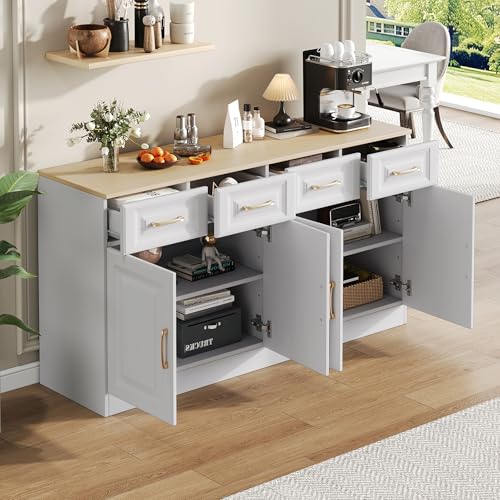 FORNORM Sideboard Küchenbuffet mit Arbeitsplatten, Buffetschrank Holz 4 Schubladen und 4 Türen, Kaffeebarschrank Schrank Modern, Verstellbare Ablagen, 140 x 40 x 75cm von FORNORM