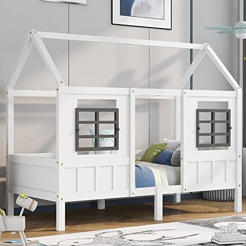 Kinderbett Hausbett 90x200cm, Einzelbet mit 2 Fenstern, Kiefernholz-Bettgestell von FORNORM
