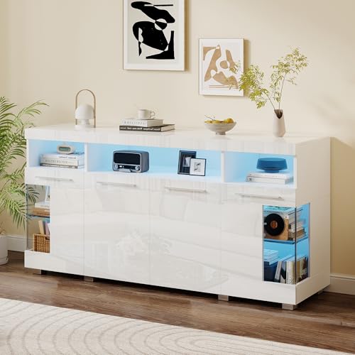 Kommode mit Schubladen, Wohnzimmer Hochglanz Sideboard mit LED Licht, Seitenschrank aus Gehärtetem Glas mit 9 Stauräume, 16 Farben LED-Beleuchtung Dimmbar mit Fernbedienung, 140x40x70 cm (Weiß) von FORNORM