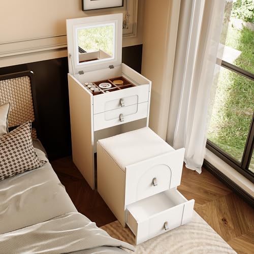 Schminktisch mit Hocker und 3 Schubladen, Multifunktionaler Nachttisch mit LED-Beleuchtung Spiegel, Schminkkoffer mit 6 Fächern, Schminktische Weiß 50 x 80 x 40 cm(B/H/T) von FORNORM