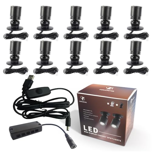 FOROUREYES 10x dimmbare Mini LED Strahler schwarzem Aluminium Lampenkörper (Warmweiß) - 360° schwenkbar mit Atemlicht-Effekt für Ladenregale & Vitrinen (USB 5V,) von FOROUREYES