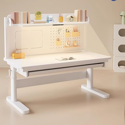 FORRTY Höhenverstellbarer Schülerschreibtisch Mit Licht, Manueller Kurbel Schreibtisch, Schreibtisch Zum Schreiben, PC, Home School, Mit Schublade, Regal & Lochwand(Desk2,120CM) von FORRTY