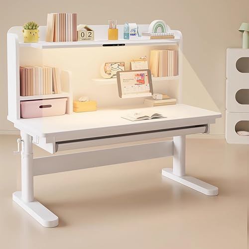 FORRTY Höhenverstellbarer Schülerschreibtisch Mit Licht, Manueller Kurbel Schreibtisch, Schreibtisch Zum Schreiben, PC, Home School, Mit Schublade, Regal & Lochwand(Desk3,100CM) von FORRTY
