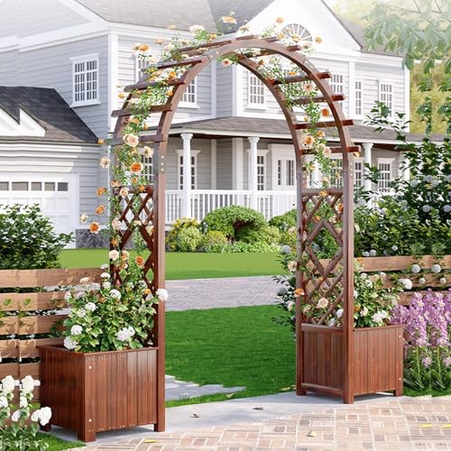 FORRTY Holz Gartenbogen Mit Pflanzkasten Rosenbogen Hochzeit Bogen for Zeremonie Rankhilfe for Kletterpflanzen Outdoor Dekorativer Gartenbogen for Terrasse Eingang Rasen Party(with Box,180cm) von FORRTY