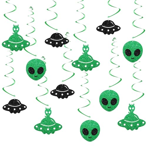 24pcs Alien Hanging Swirl Decorations, UFO Theme Ceiling Whirl Streamer Hanging Banner, Outer Space Hanging Swirls for Alien Birthday Party Decoration von FORSHEEP