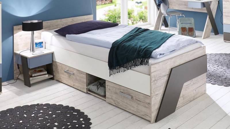 FMD Bettanlage Jugendbett NONA Bett Bettanlage mit Nachtkommode Sandeiche 90x200 cm von FMD