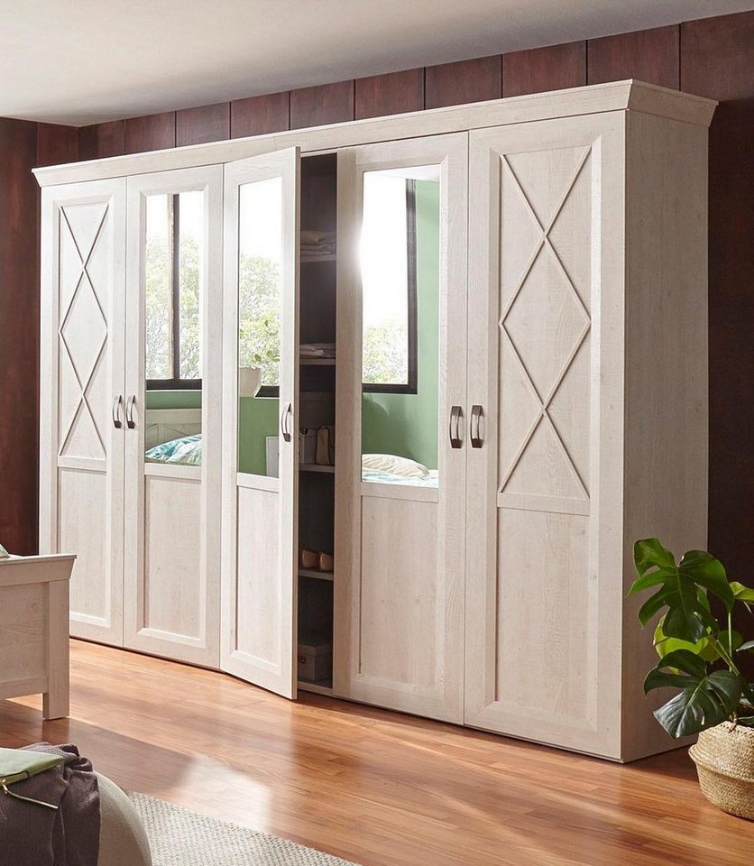 FORTE Drehtürenschrank Kashmir, TOPSELLER, im klassischem Landhausstil, Made in Europe (Maße (B/T/H): 255/63/221 cm) mit Spiegel und dekorativen Fräsungen und Elementen FORTE Drehtürenschrank Kashmir, TOPSELLER, im klassischem Landhausstil, Made in Europe (Maße (B/T/H): 255/63/221 cm) mit Spiegel und dekorativen Fräsungen und Elementen von FORTE