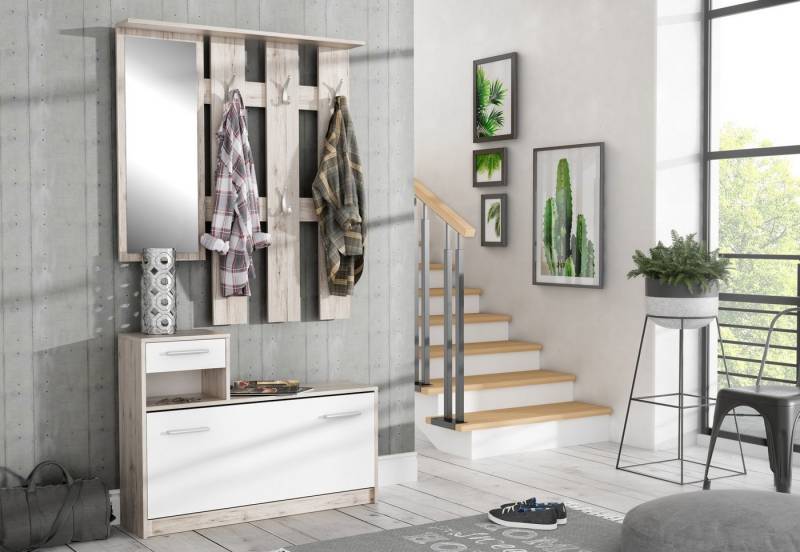 FORTE Garderoben-Set (2-teilig) in Weiss/Sandeiche Dekor - 97,5x180x25cm (BxHxT) von FORTE