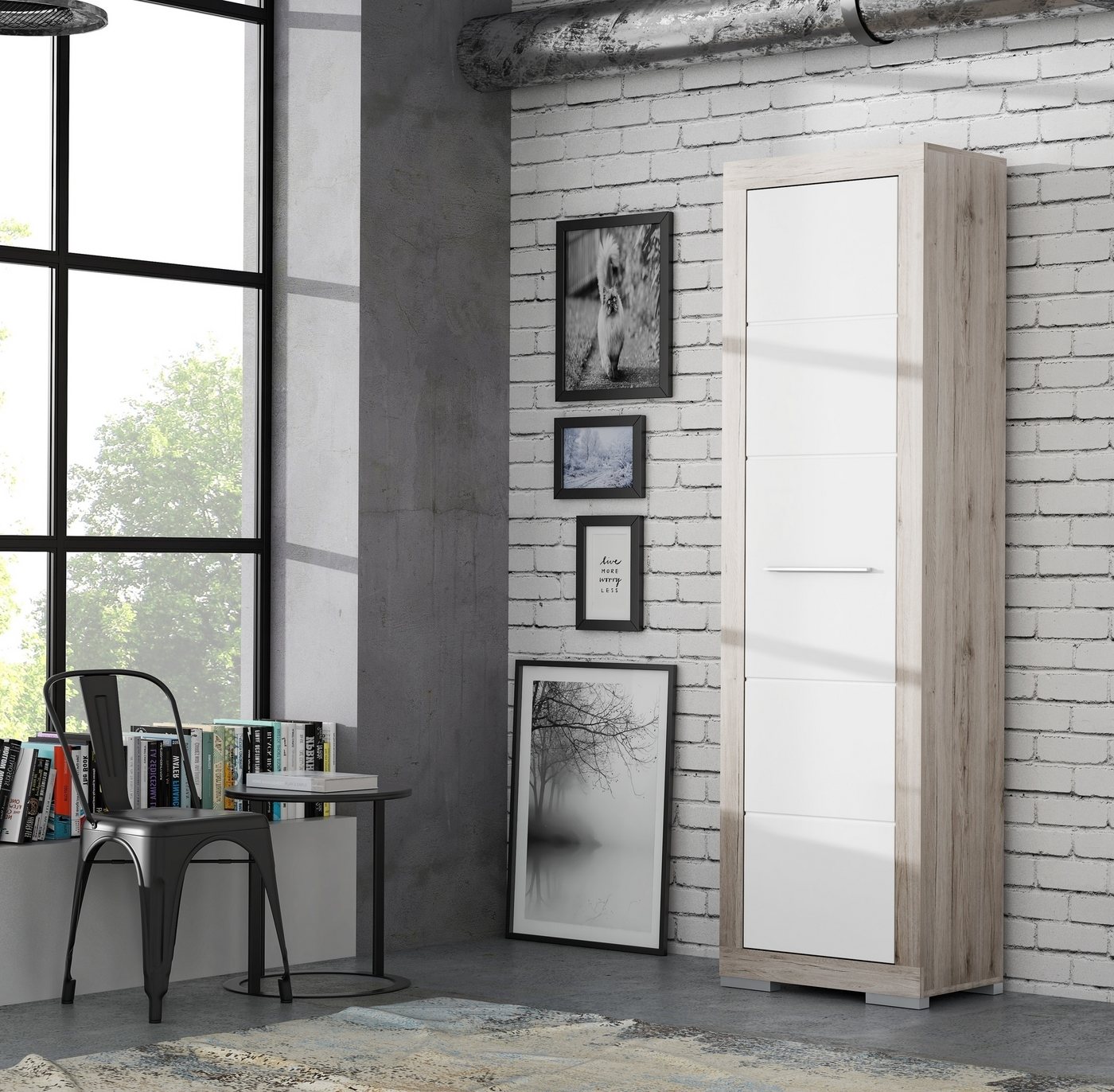 FORTE Garderobenschrank in Weiss Glanz / Sandeiche - 58,4x198,5x36,3 (BxHxT) von FORTE