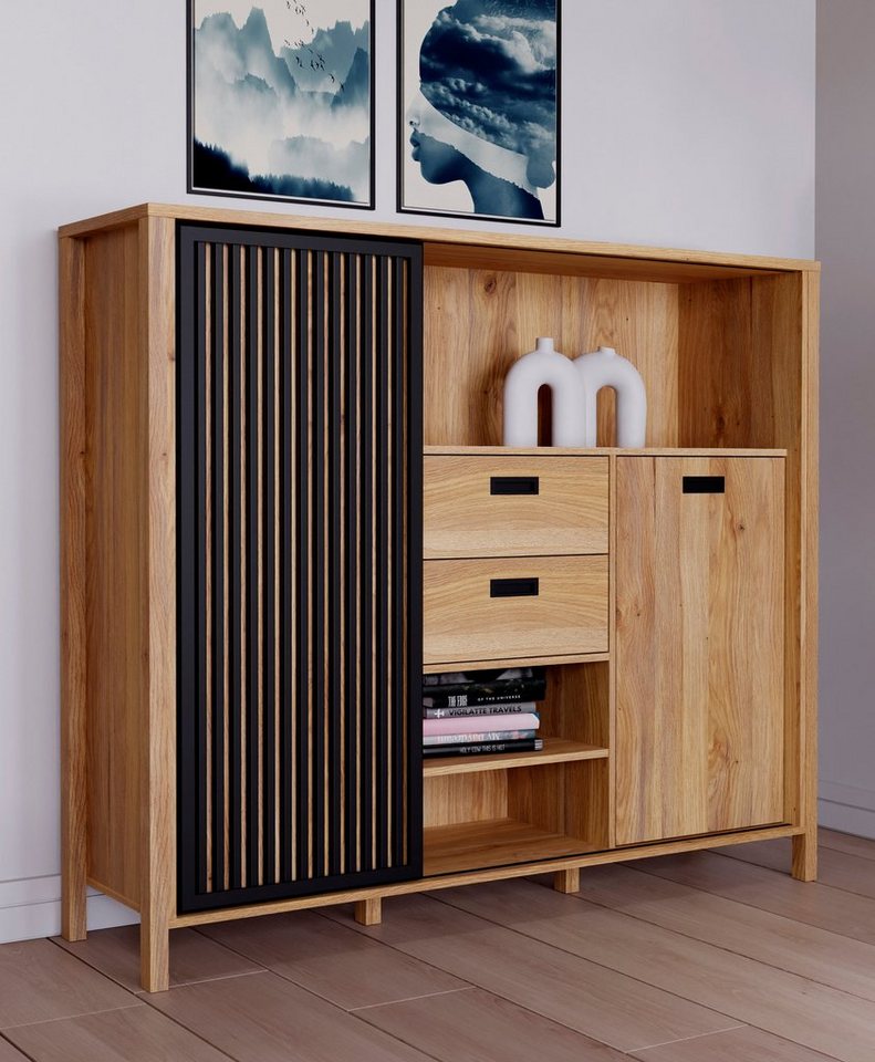 FORTE Highboard Jytana, Breite 149,9 cm, Schiebetüre mit Lamellenoptik, Mauvella Eiche/Schwarz von FORTE