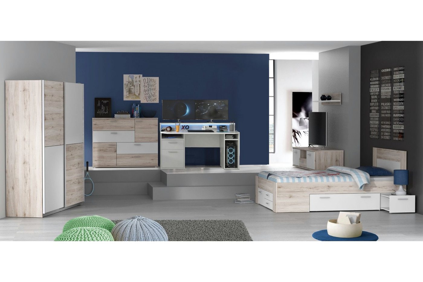 möbel-direkt.de Jugendzimmer-Set Steffie, (Komplett Set, 5-St., Schrank, Bett, Kommode, TV- Schrank, Gamer Tisch), großes Funktionsbett von möbel-direkt.de